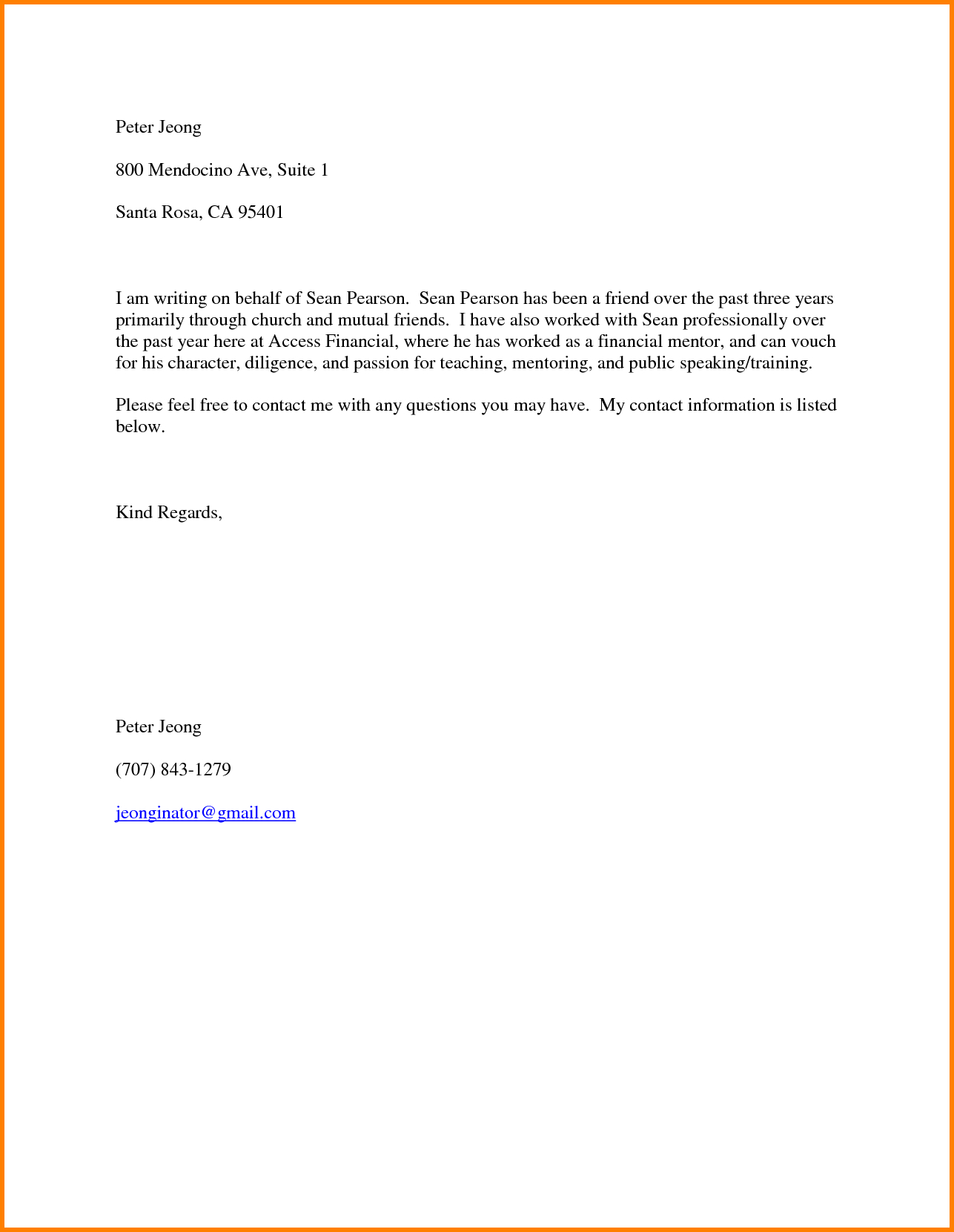 Example And Template For Personal Or Character Reference Letter Great