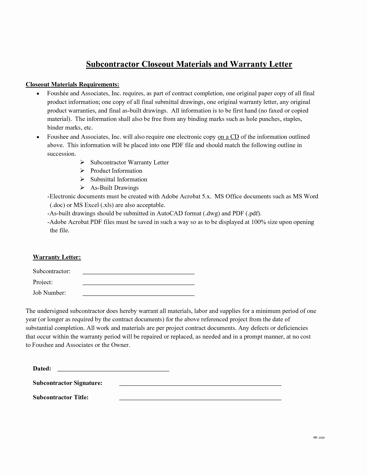 Subcontractor Warranty Letter Template Samples