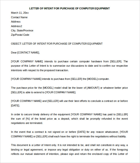 letter of intent to purchase equipment template example-sample purchase letter of intent 1-s