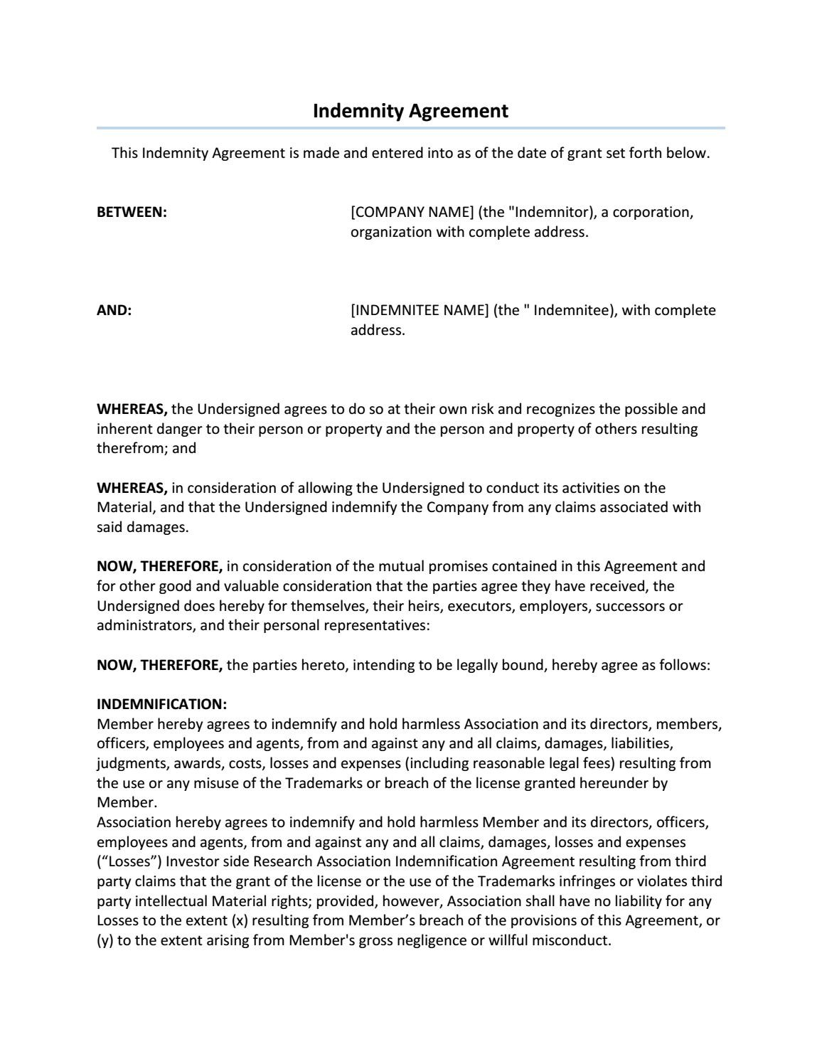 Letter Of Indemnification Template - 19 Awesome What is An Indemnity Agreement