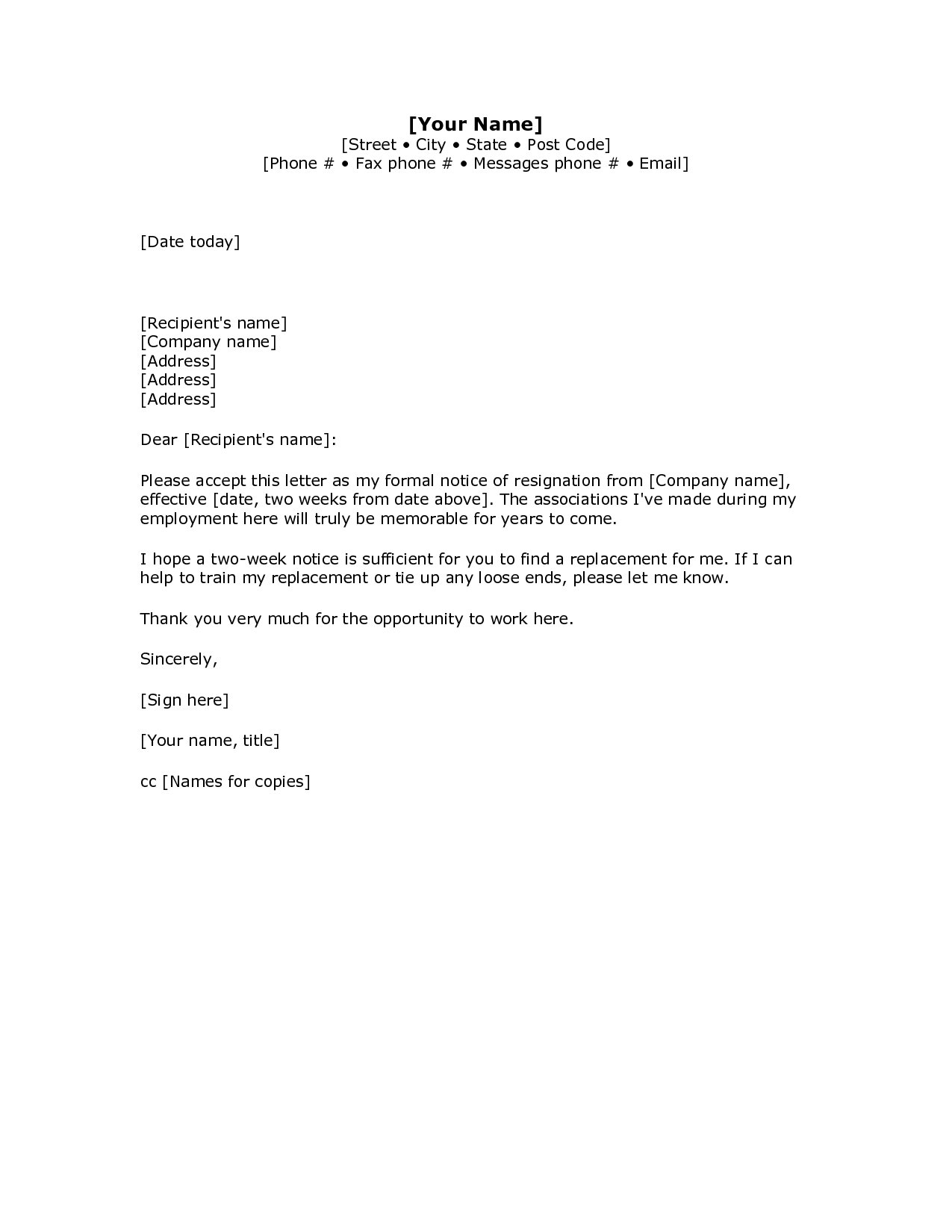 Free Printable Resignation Letter Template Collection