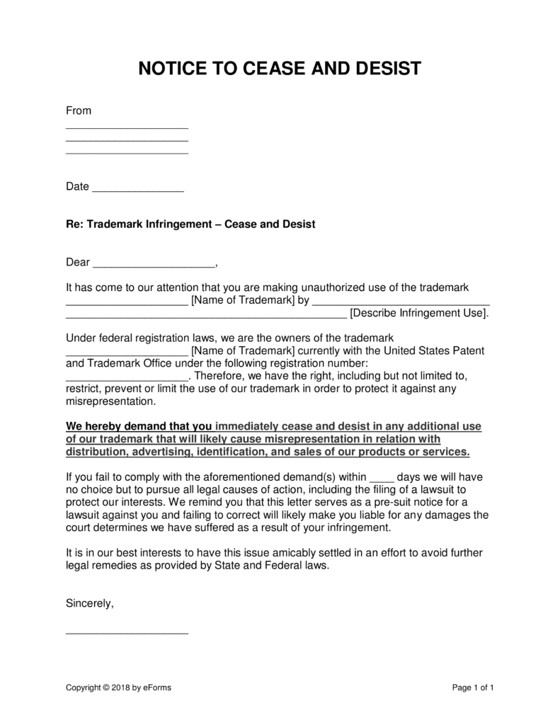 Cease And Desist Letter Trademark Infringement Template Examples