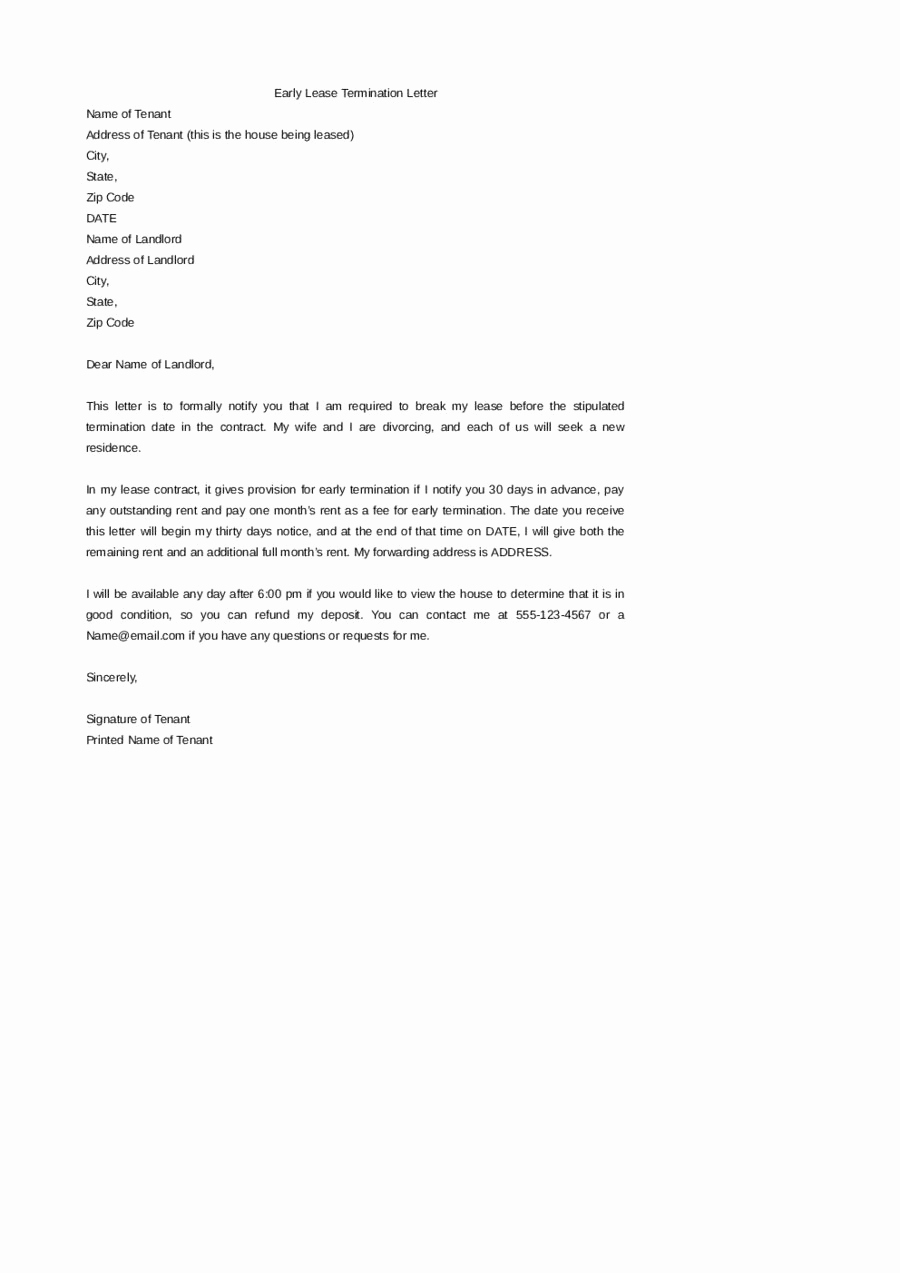 Early Lease Termination Letter to Landlord Template - 20 Lease Termination Letter to Tenant