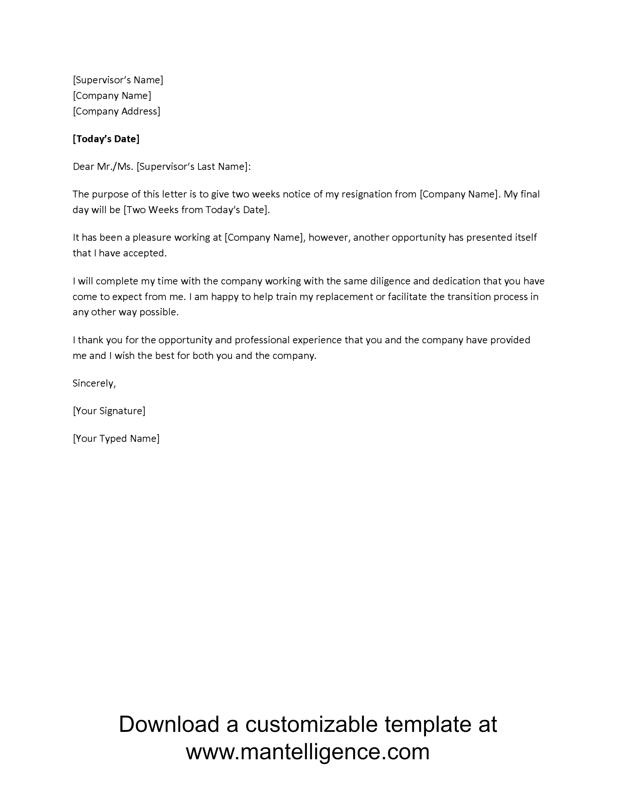 2 Week Resignation Letter Template - 3 Highly Professional Two Weeks Notice Letter Templates