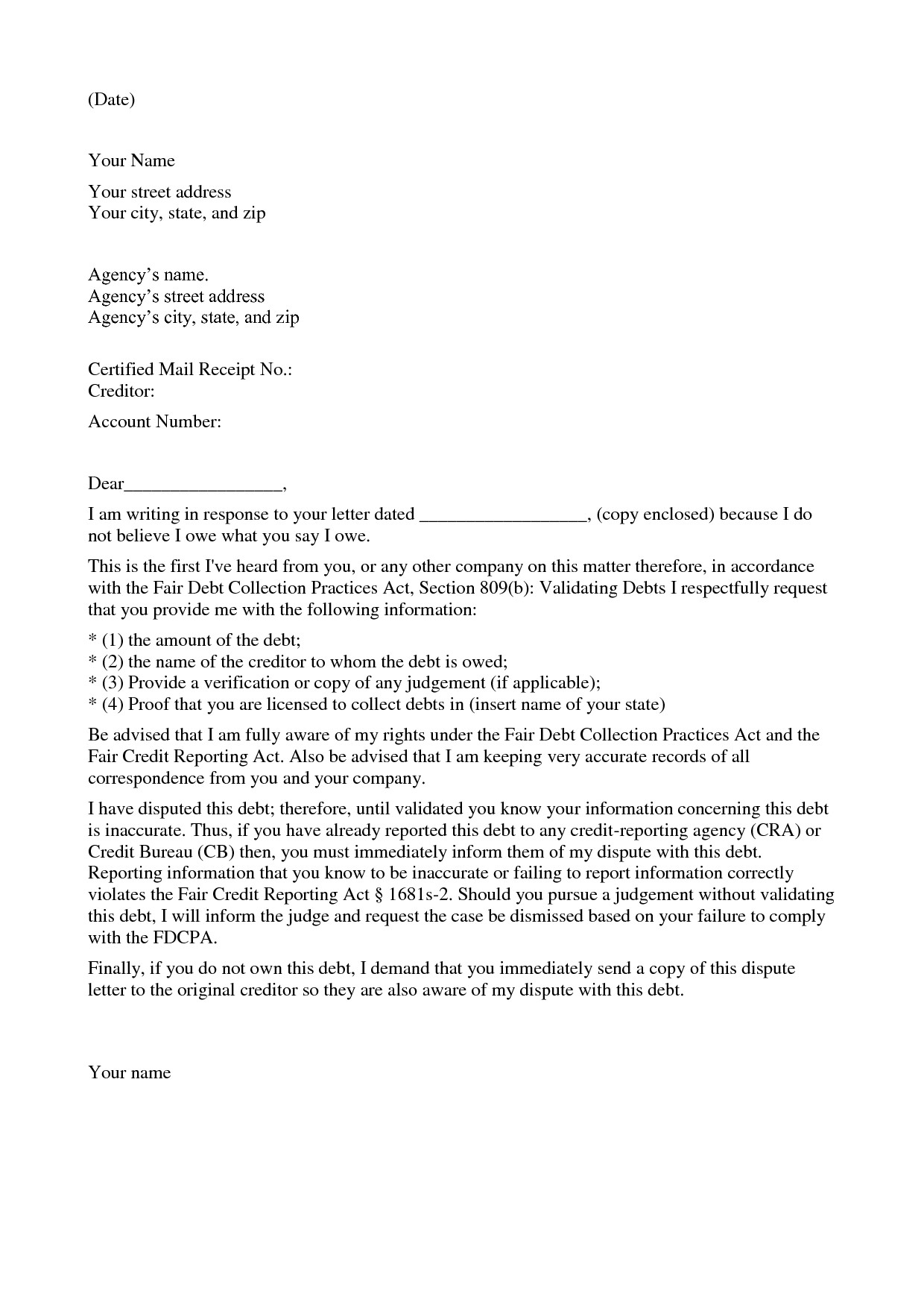 Free Debt Dispute Letter Template Uk