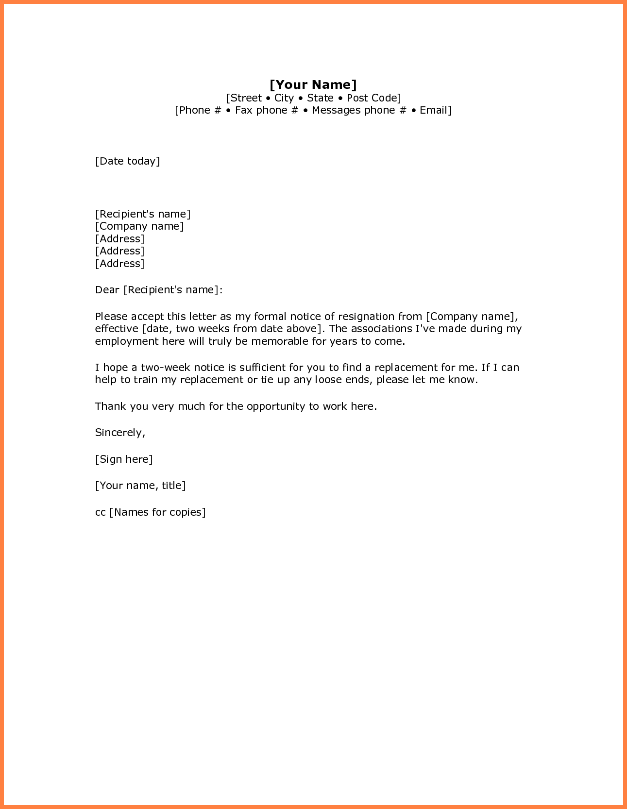 Letter format Template - 5 Simple Resignation Letter Sample 1 Week Notice