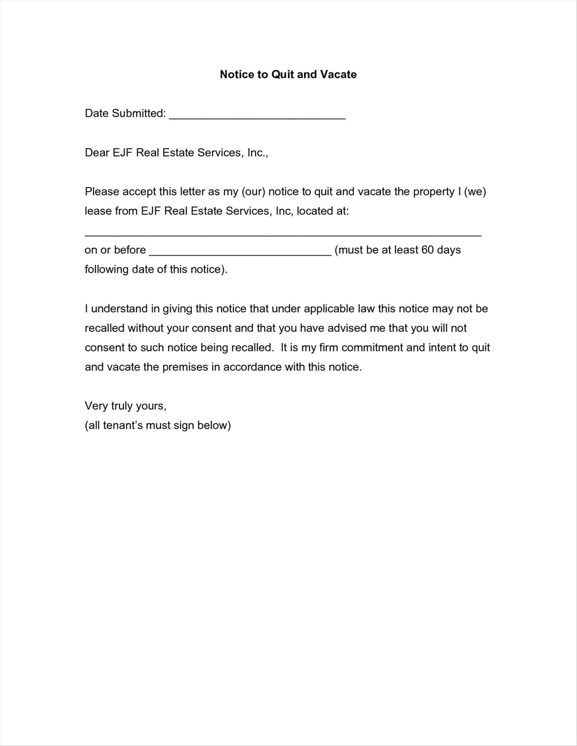 Intent to Vacate Letter Template - 60 Day Notice Apartment Template