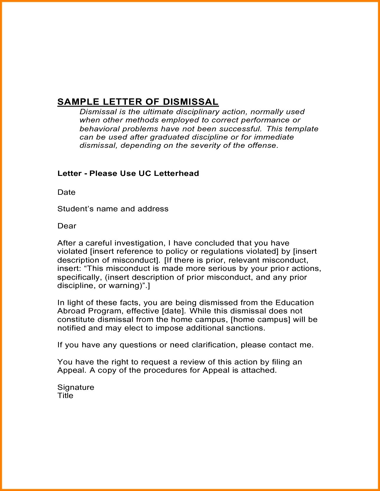 probation letter termination sample dismissal appeal template dental patient suspension academic college behavior university format against employer write example samples