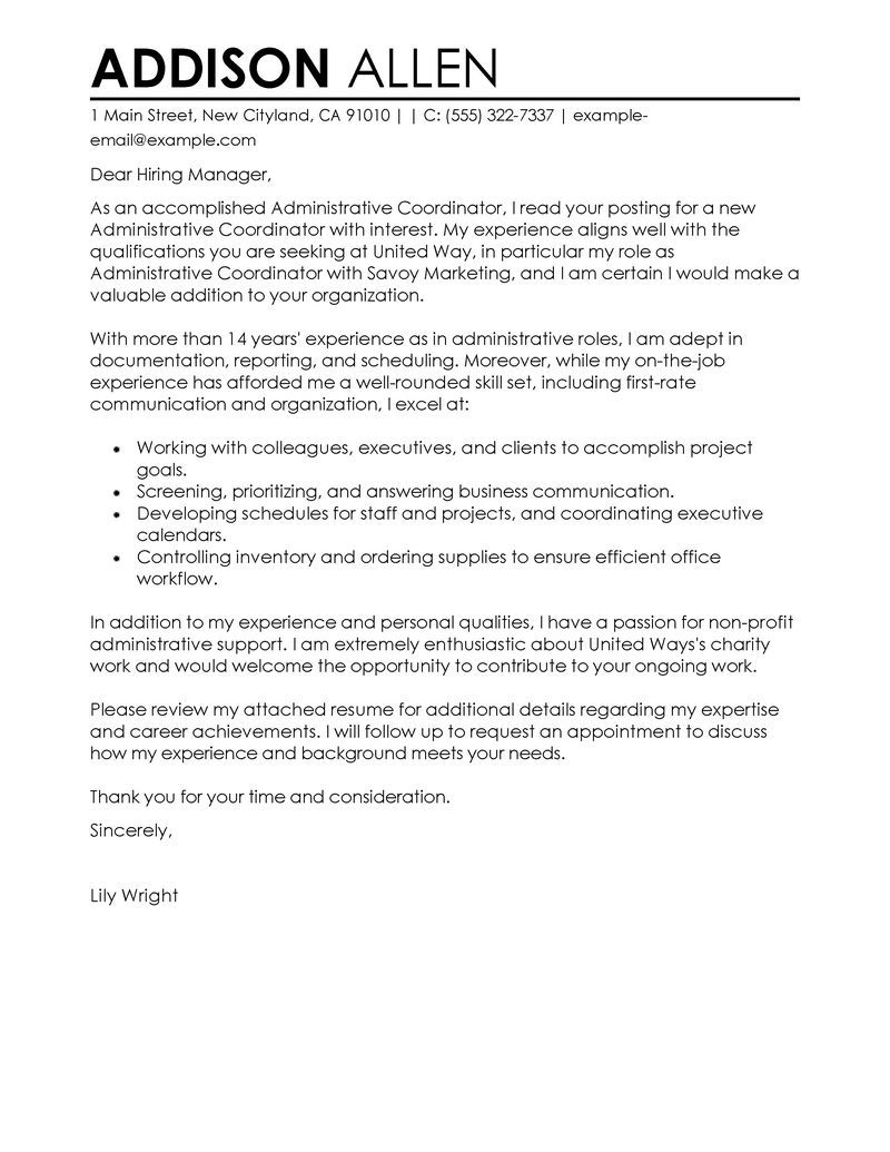 Cover Letter Template for Non Profit Jobs - Administrative Coordinator Cover Letter Examples