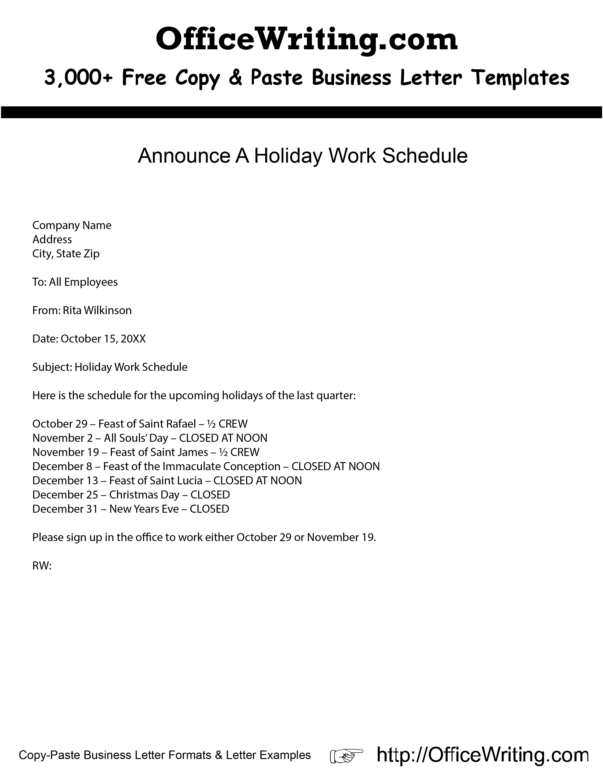 Holiday Letter Template - Announce A Holiday Work Schedule We Have Over 3 000 Free Sample