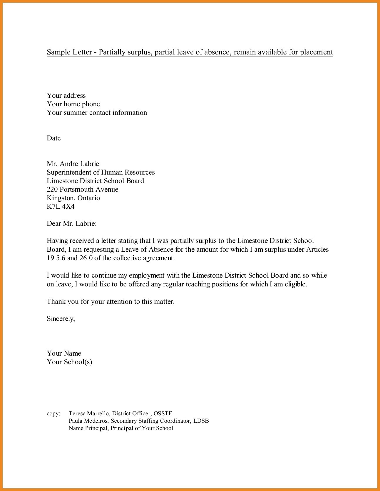 Medical Leave Of Absence Letter Template