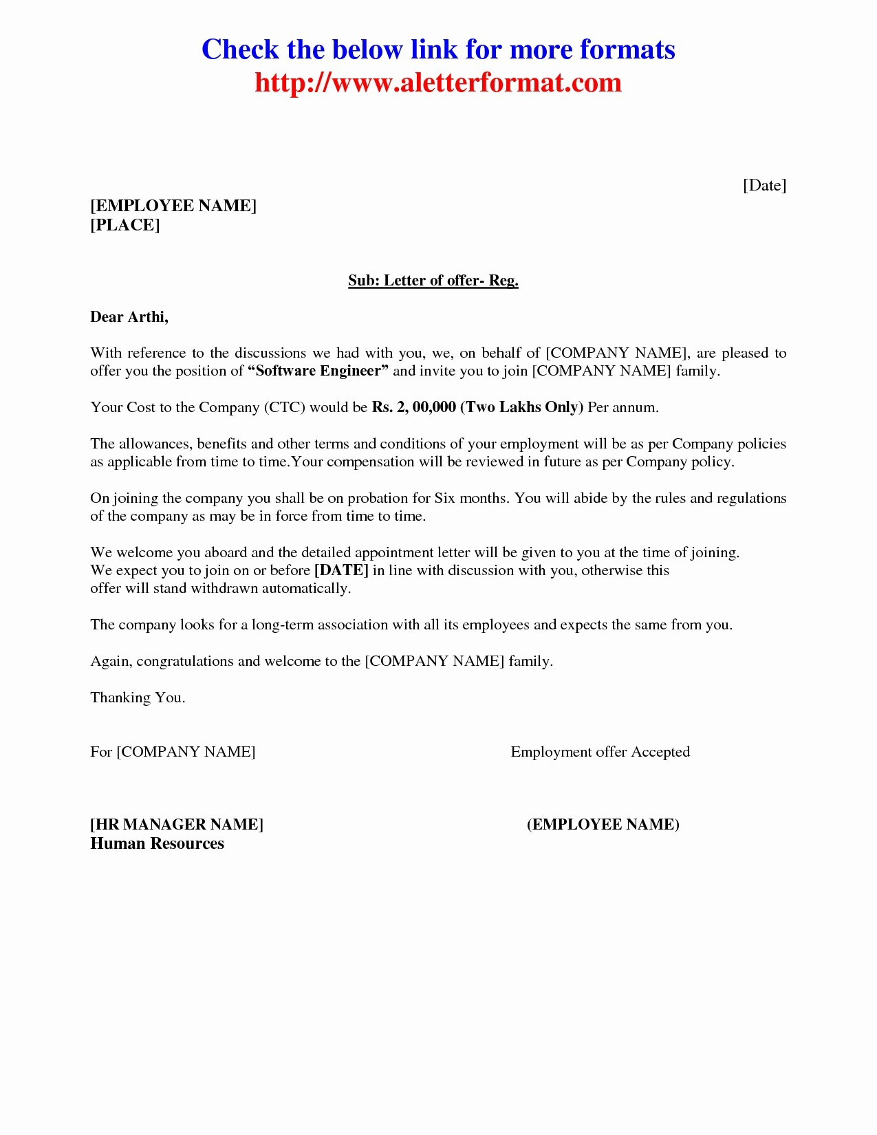 Job Offer Letter Template Free Download - Appointment Letter Sample In Word format India Copy Appointment