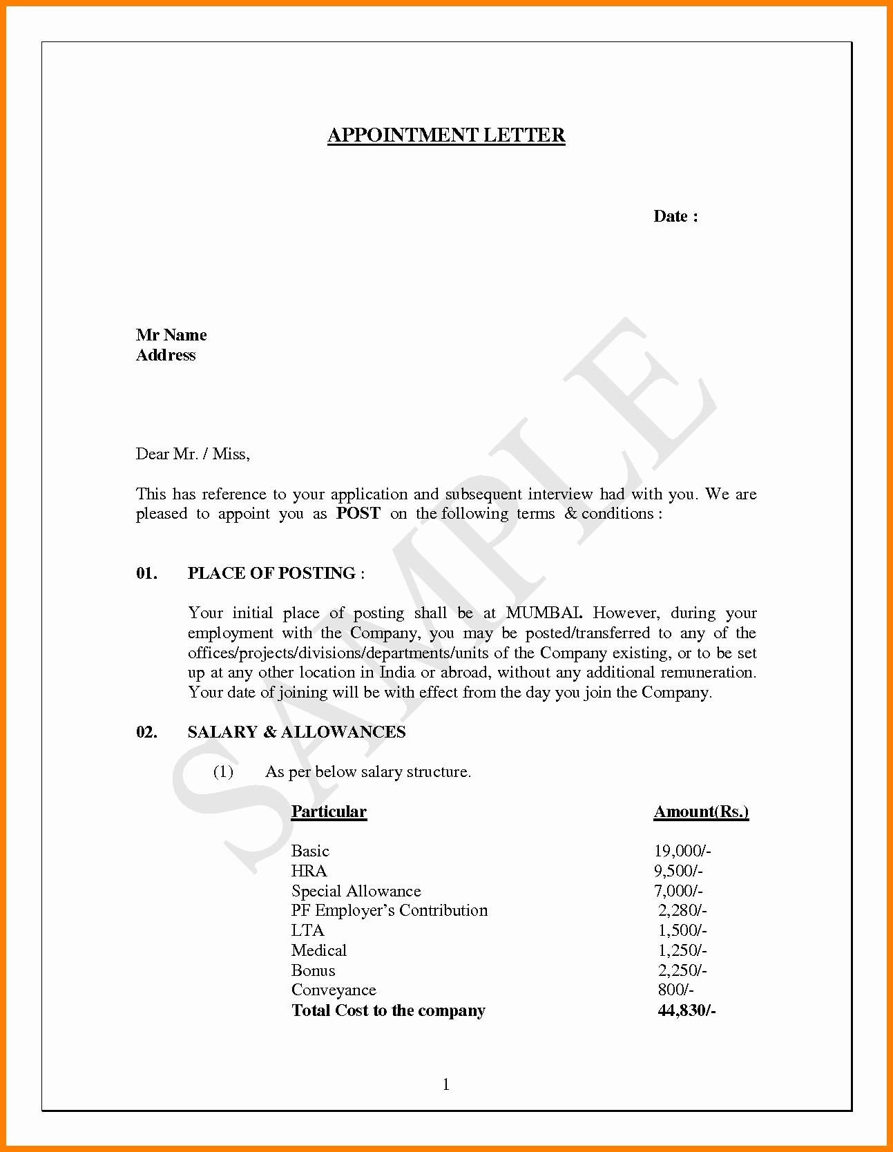 Job Offer Letter Template Pdf - Appointment Letter Sample In Word format India Copy Appointment