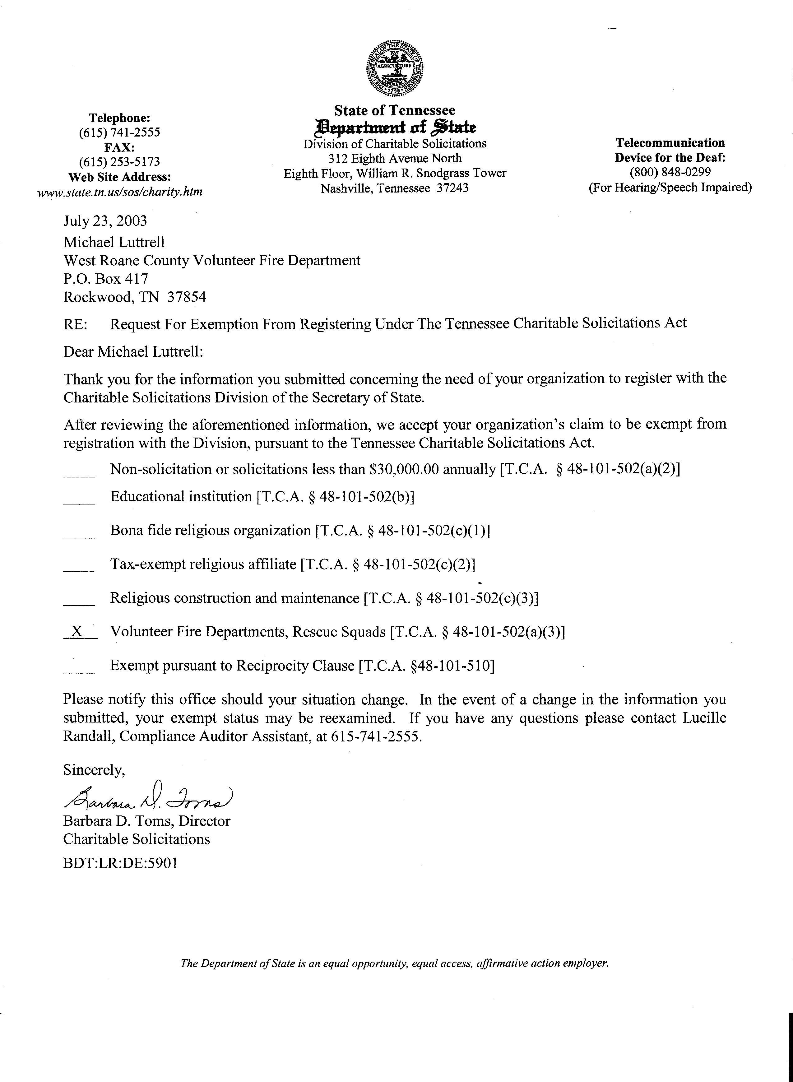 Exempt Offer Letter Template - Archiveswest Roane County Volunteer Fire Departmentvolunteer Letter