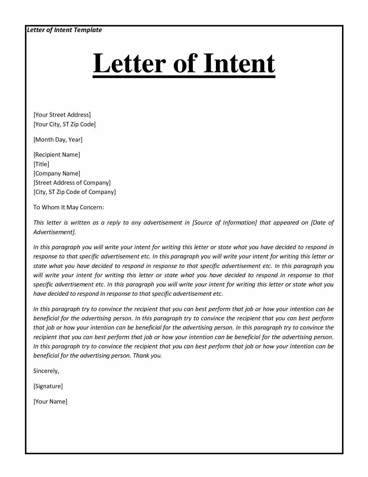 Letter Of Intent Template Microsoft Word - Business Letter Intent Template Best Template Letter Intent to Do