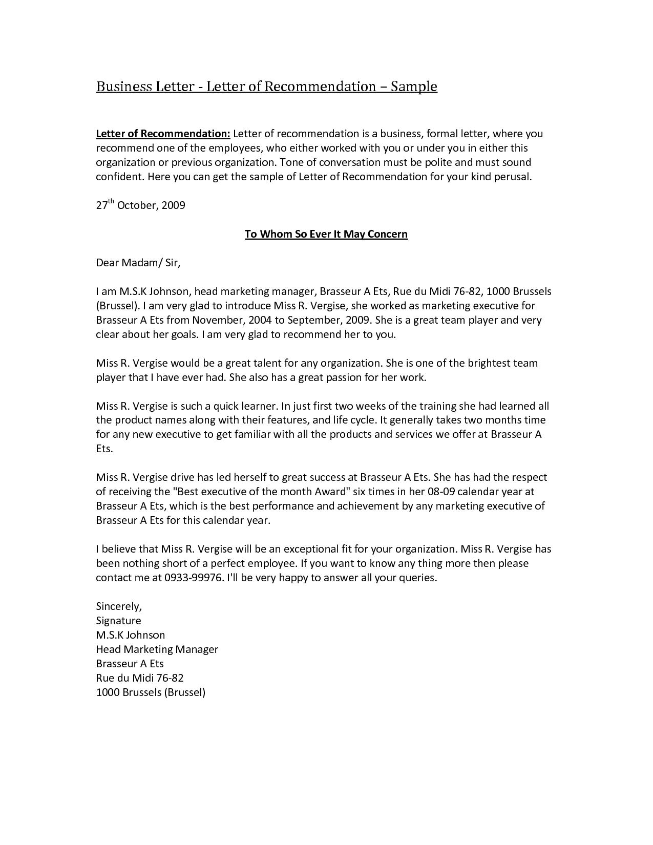Free Reference Letter Template for Employment - Business Re Mendation Letter Template Acurnamedia