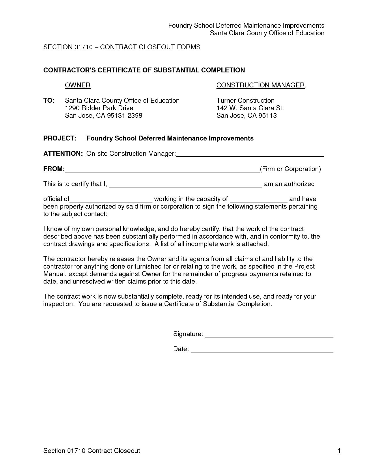 Letter Of Substantial Completion Template - Certificate Pletion Template Free Fresh Certificate Construction