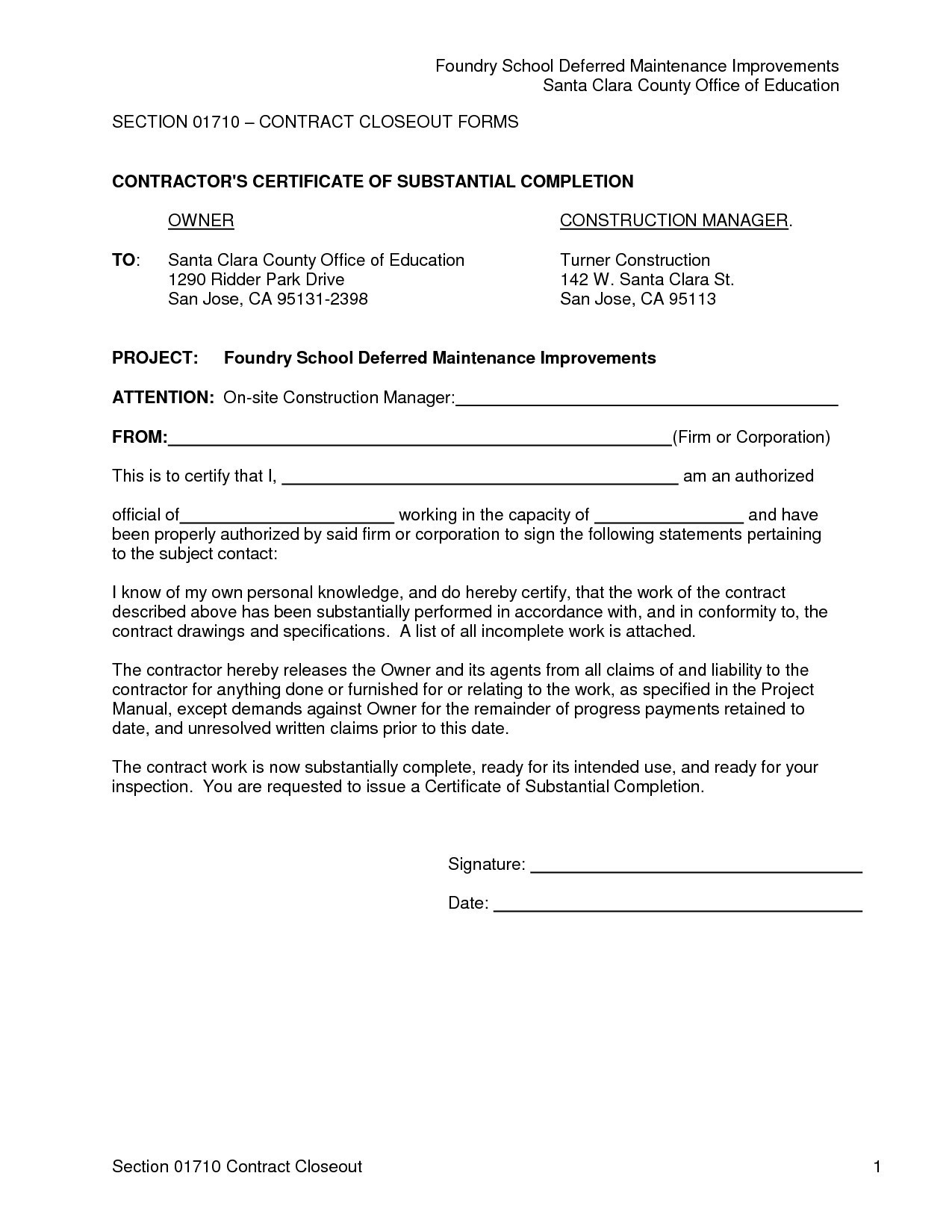 Construction Certificate Of Completion Template 3525