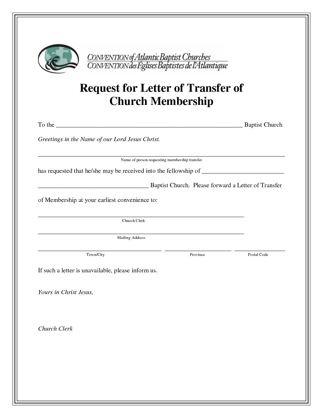 Sample Church Membership Transfer Letter