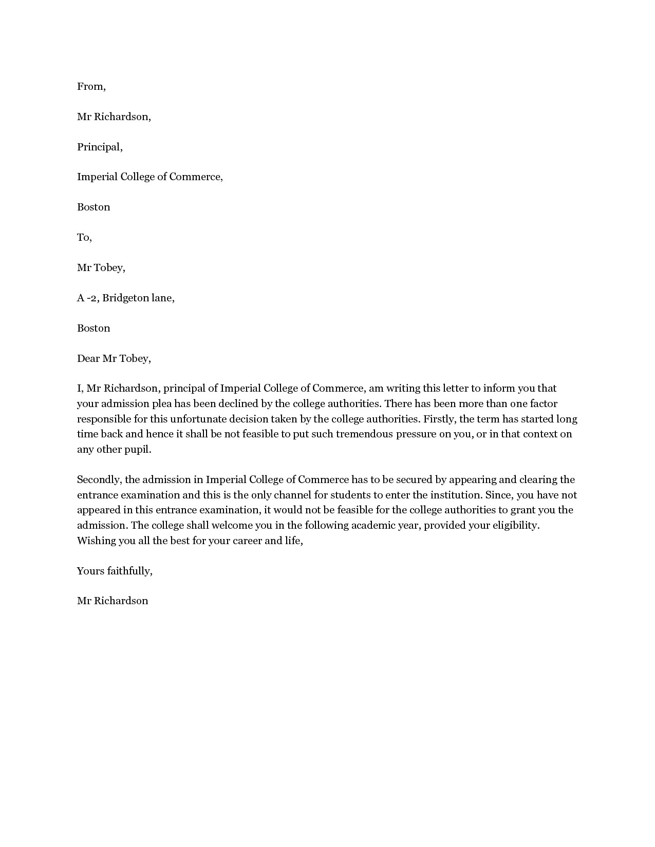 Rejection Letter Template - College Rejection Letter Template