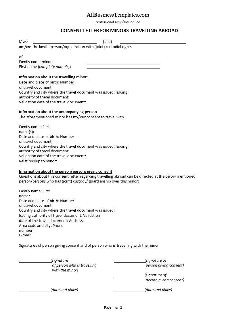 Letter Of  assent comply for Travel Of A Minor Child Template  