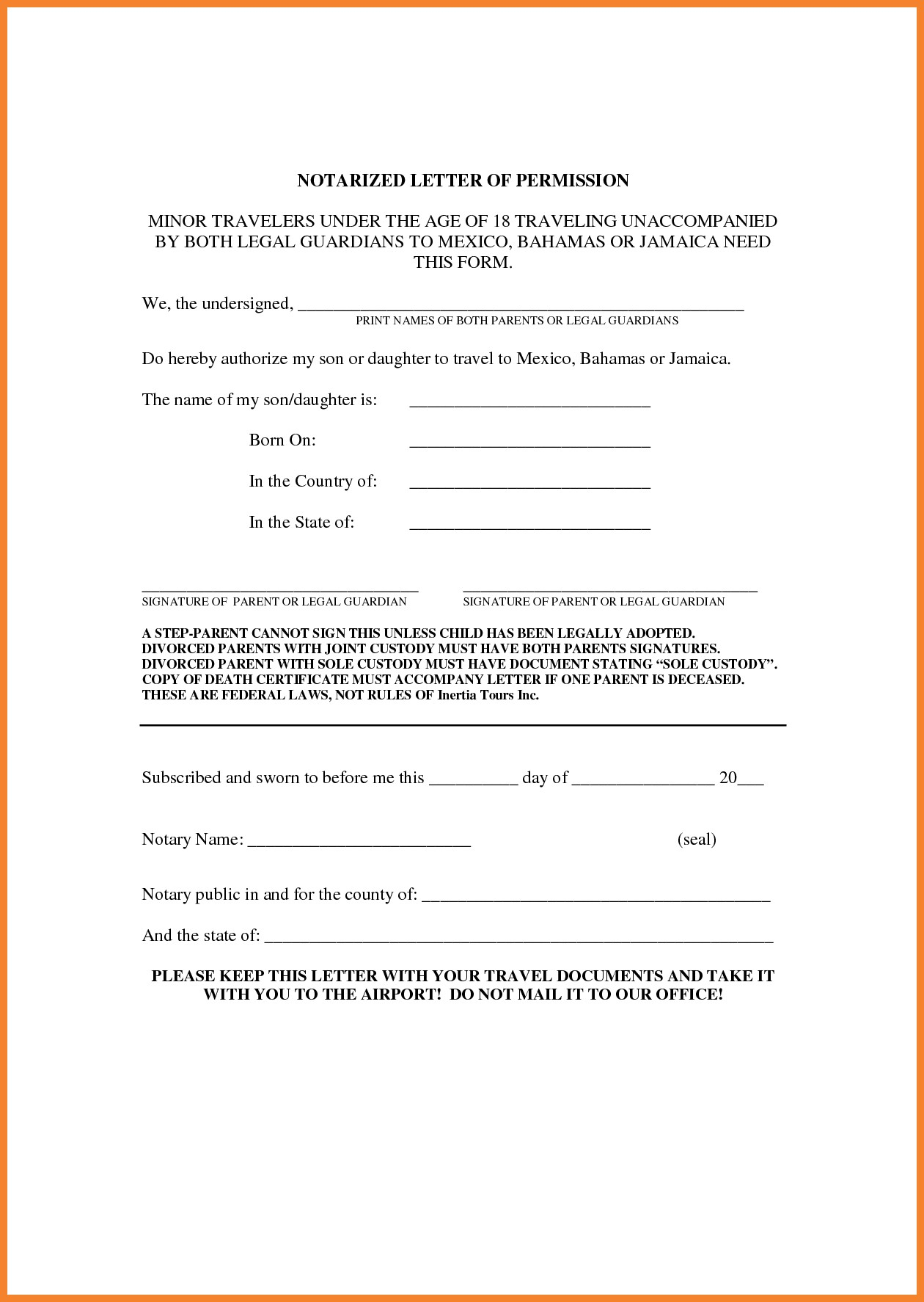 Letter to Allow Child to Travel Template Examples - Letter Template ...
