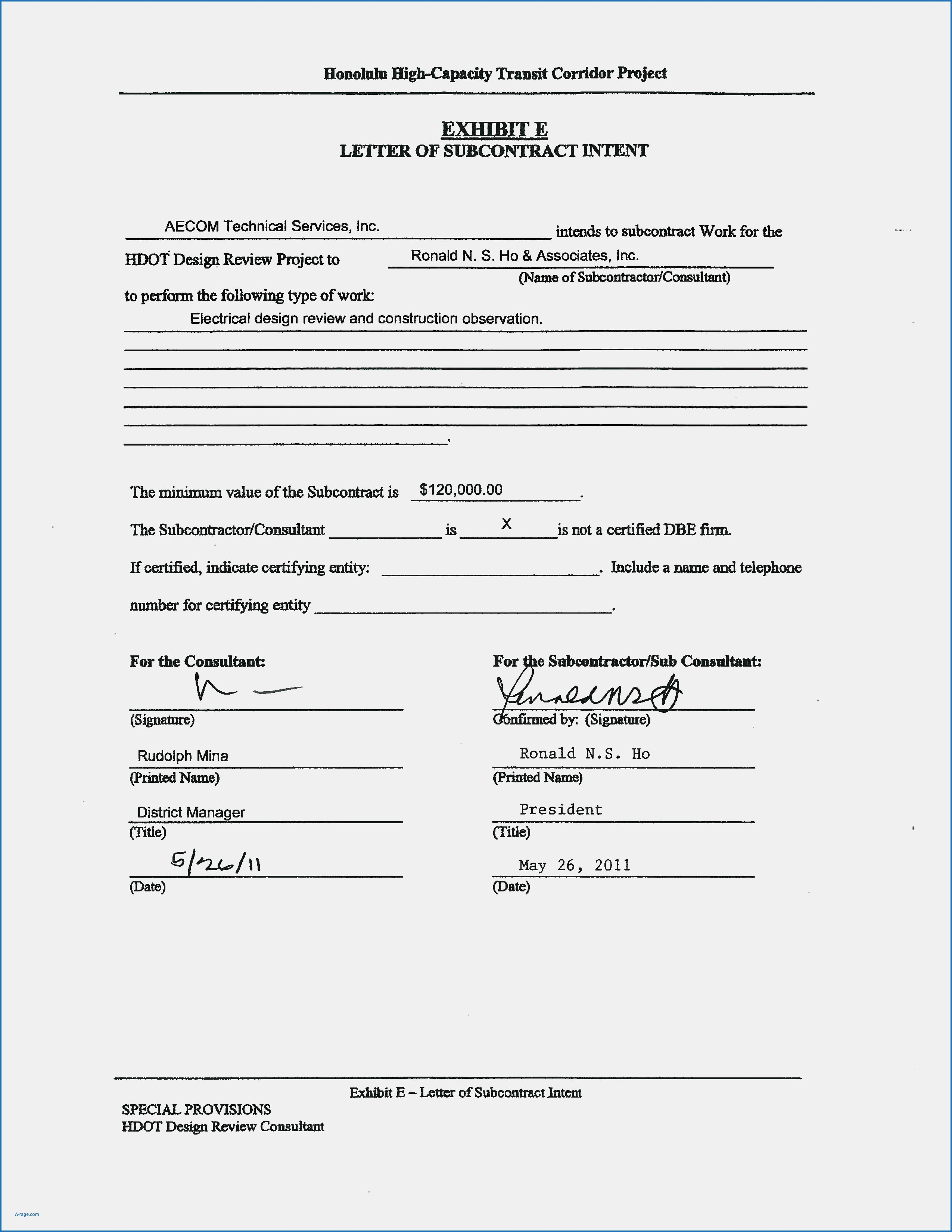 Subcontractor Letter Of Intent Template Examples Letter Template