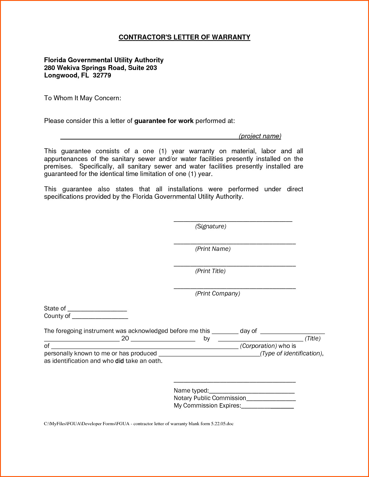 Subcontractor Warranty Letter Template Samples Letter
