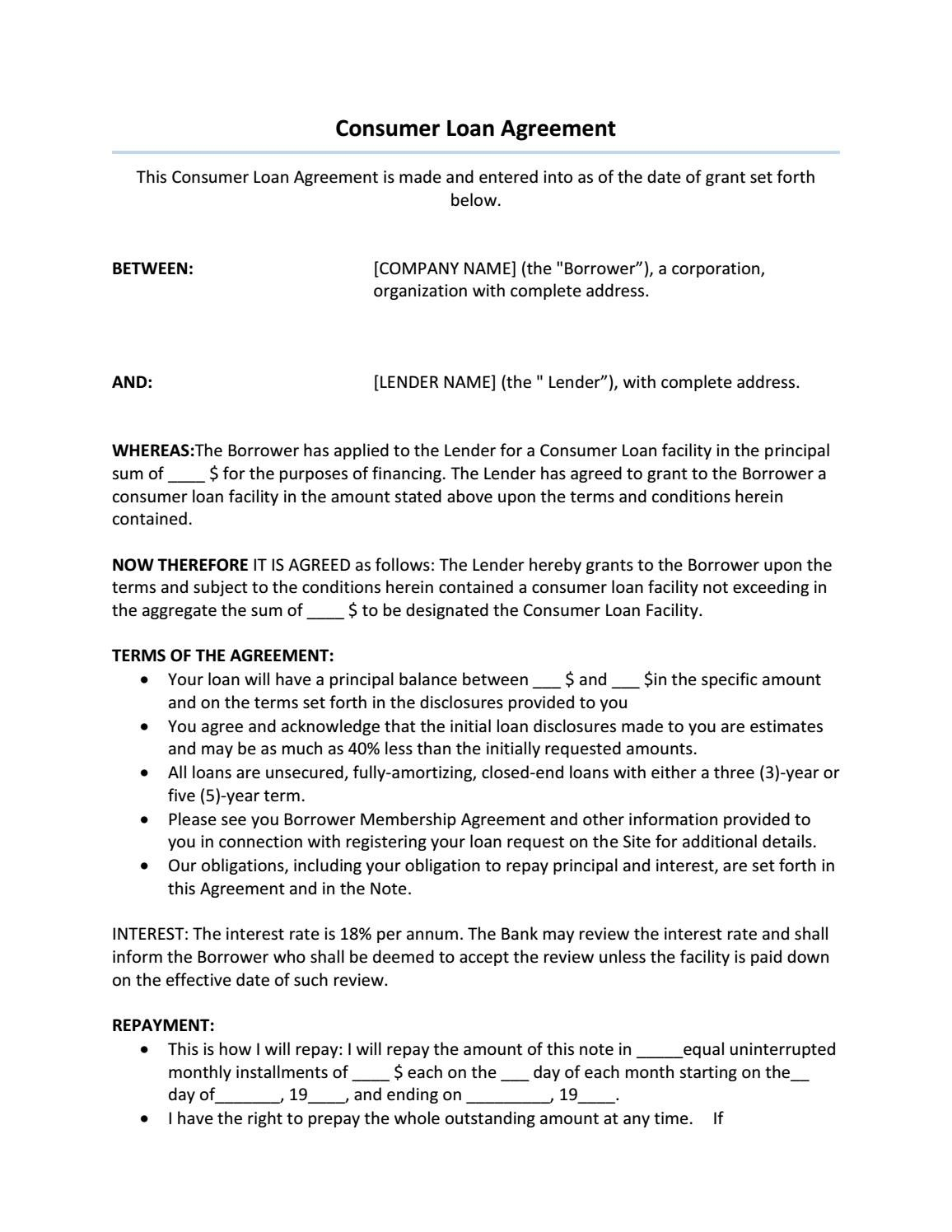 Personal Loan Repayment Letter Template - Consumer Loan Agreement Sample