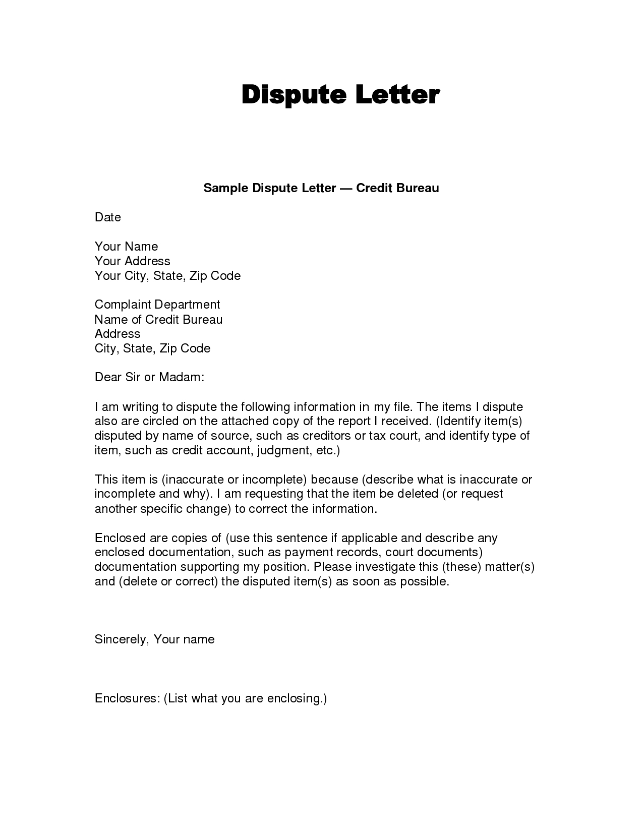 cover letter credit bureau dispute