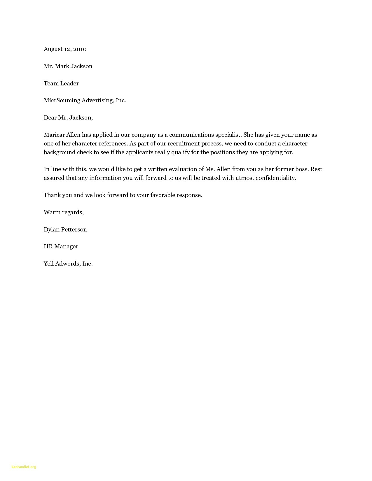 Personal Character Reference Letter Template Samples Letter