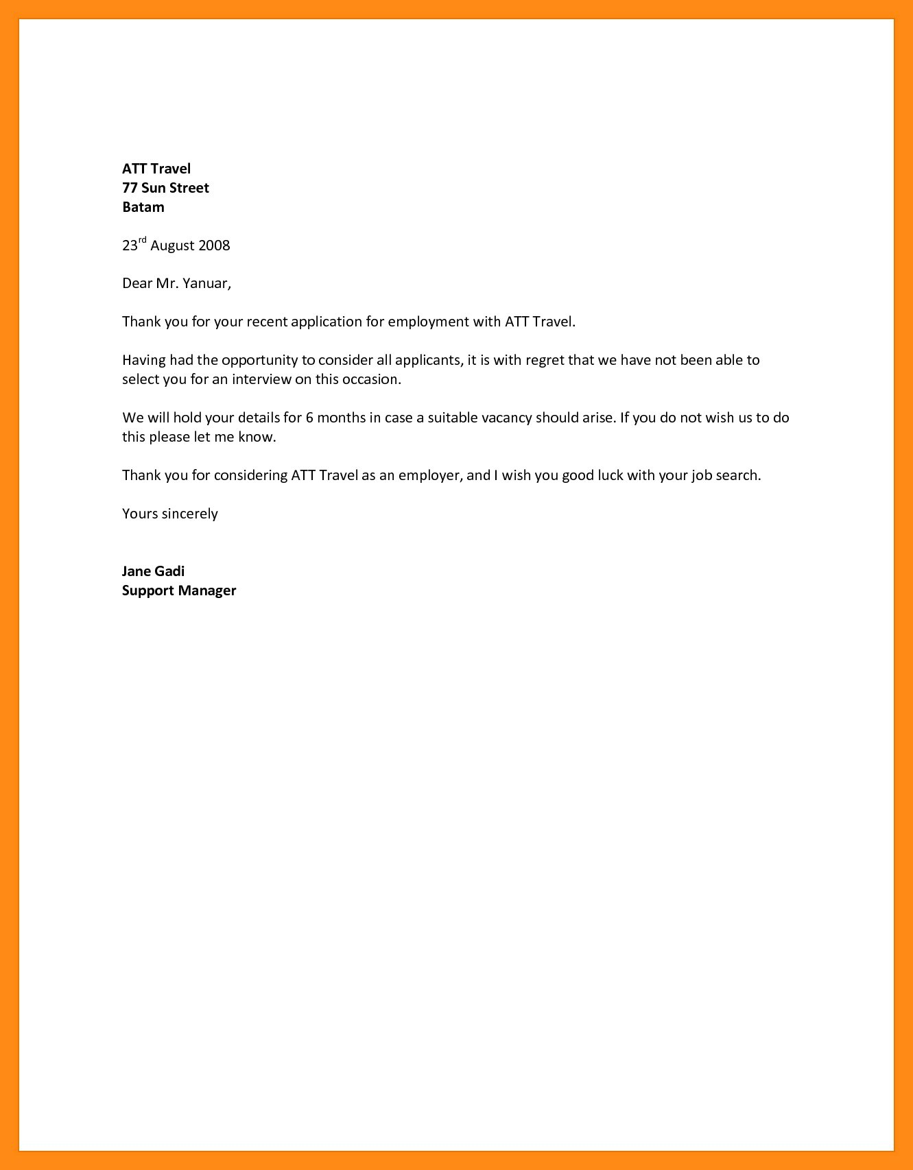 Employment Rejection Letter Template - Decline Letter Sample Invitation Letter format Sample