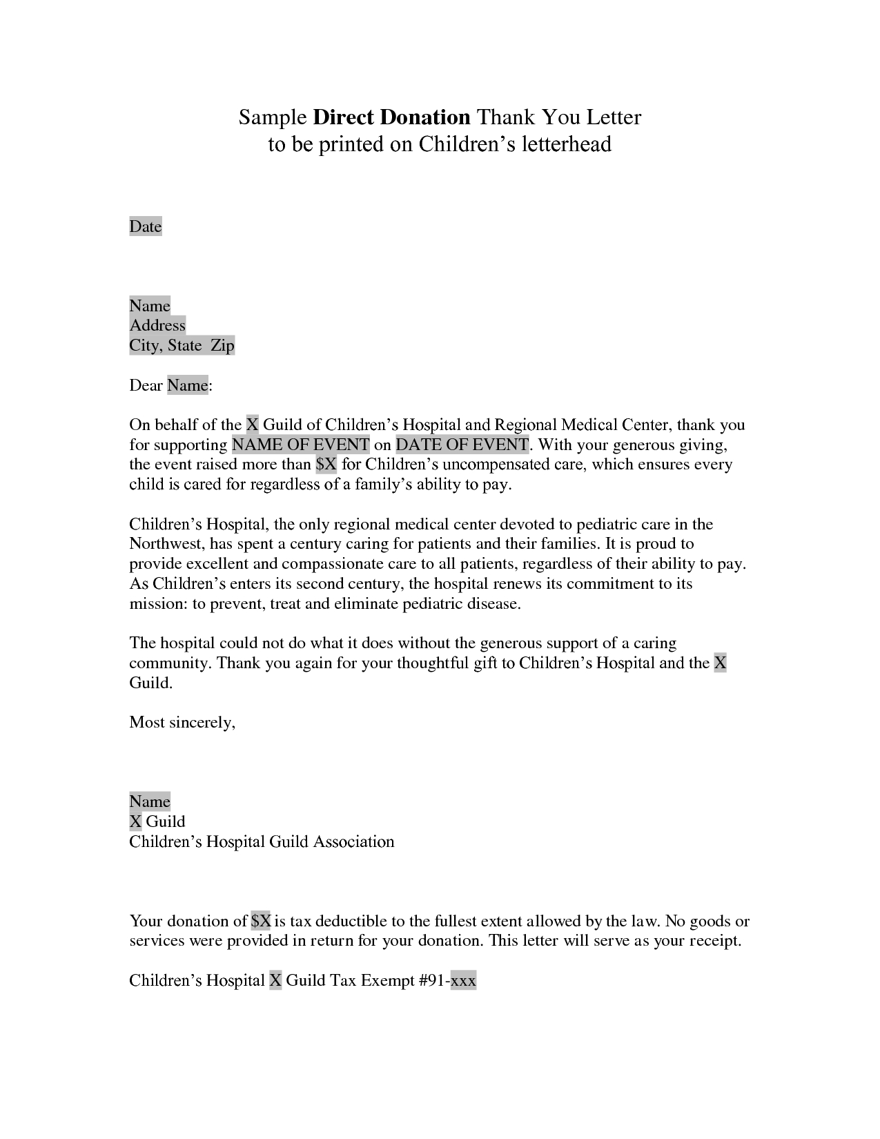 Tax Write Off Donation Letter Template - Donor Thank You Letter Sample