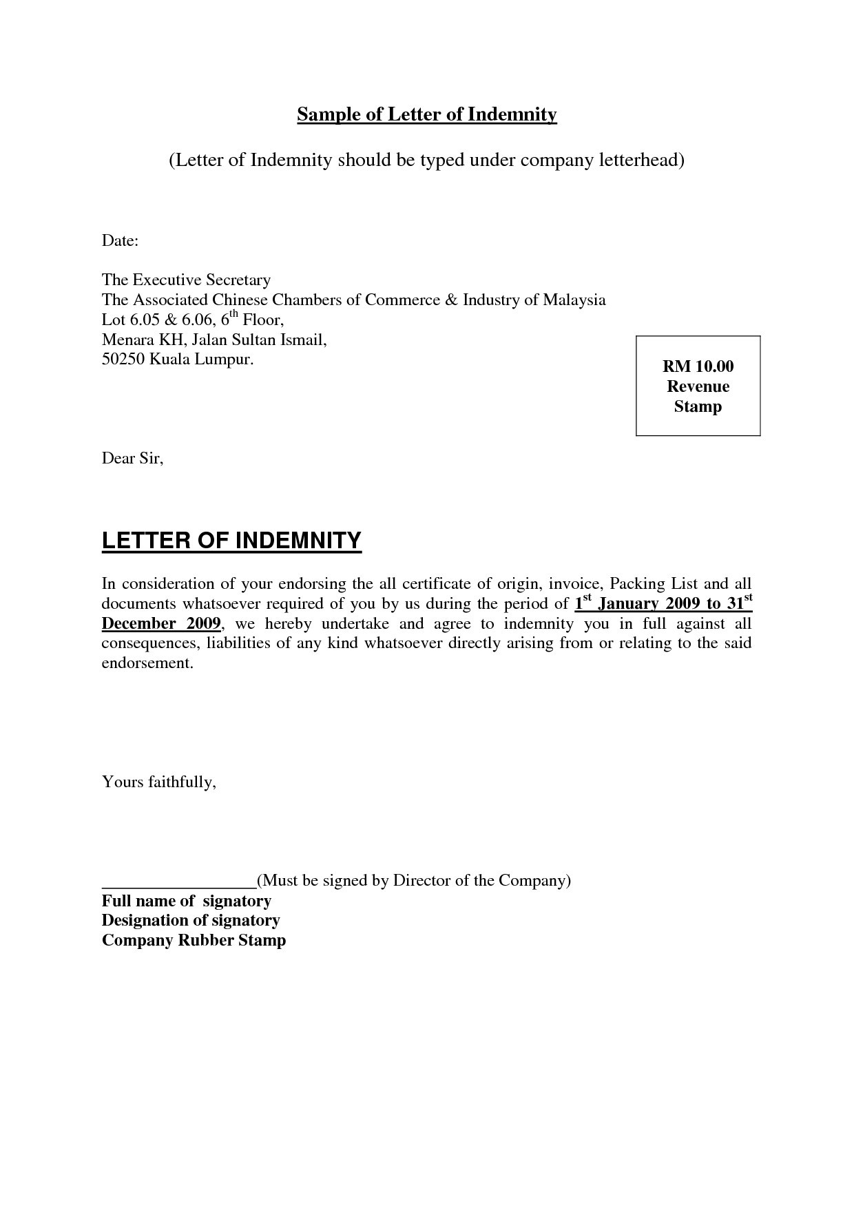 Sample Letter Of Indemnity Template