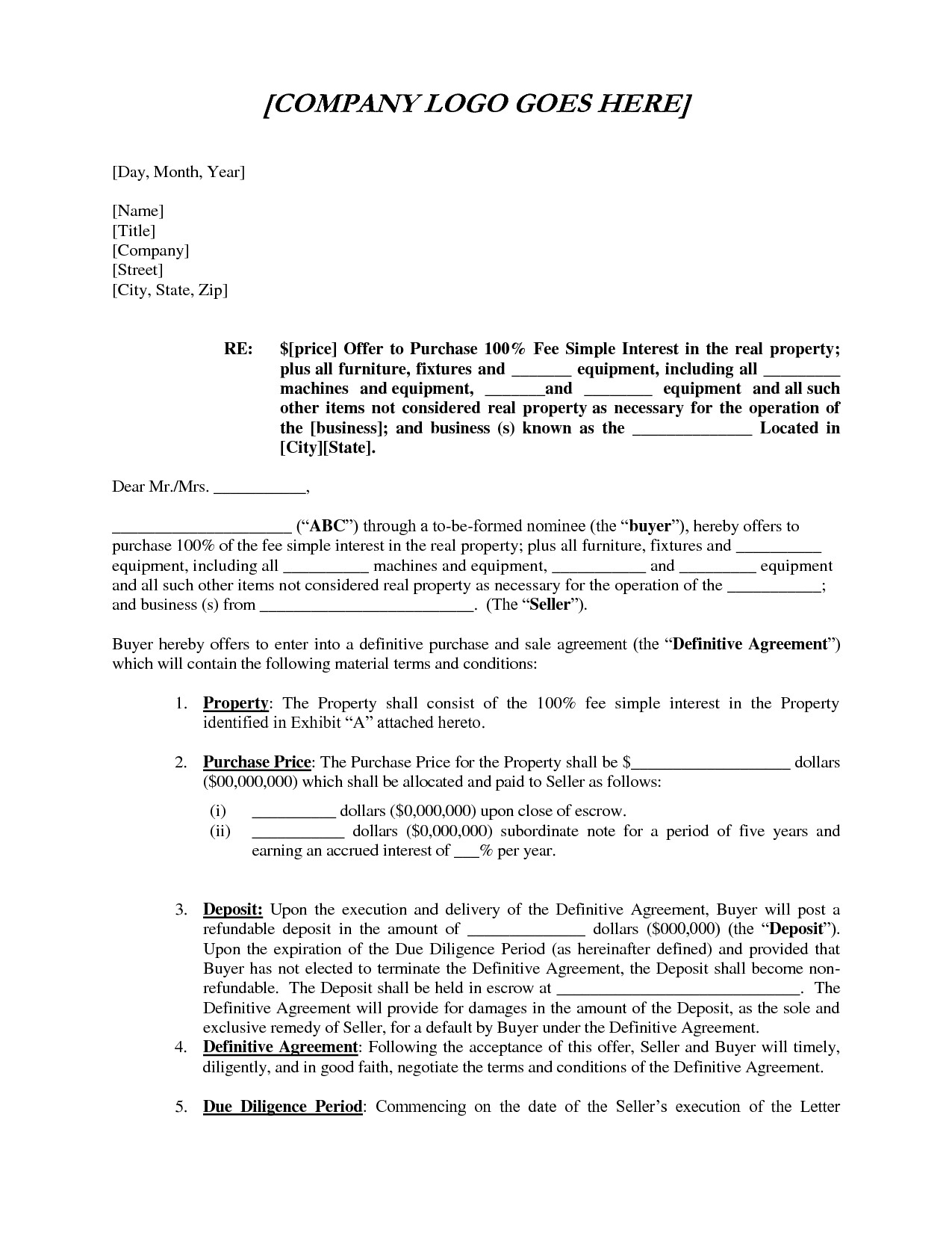 Letter Of Intent to Sell A Business Template - Fer Letter Example Sample Fer Purchase Letter Intent