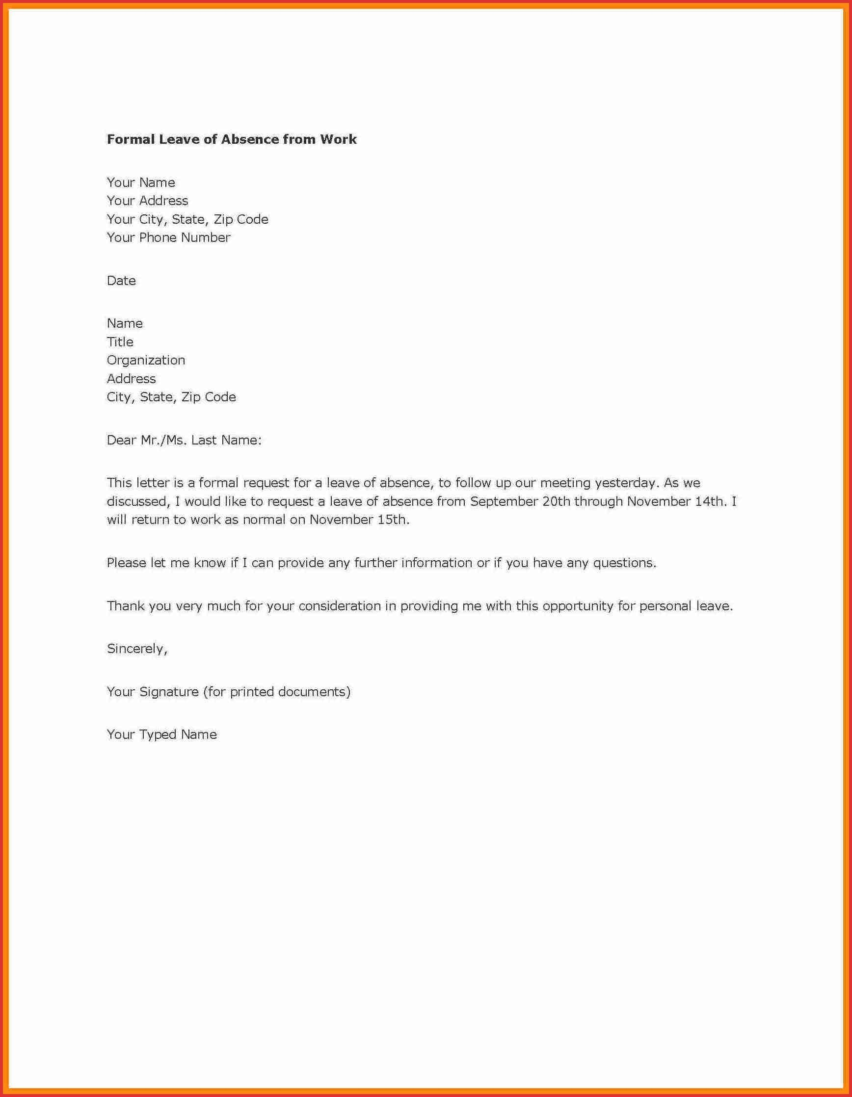 Personal Leave Of Absence Letter Template Collection Letter