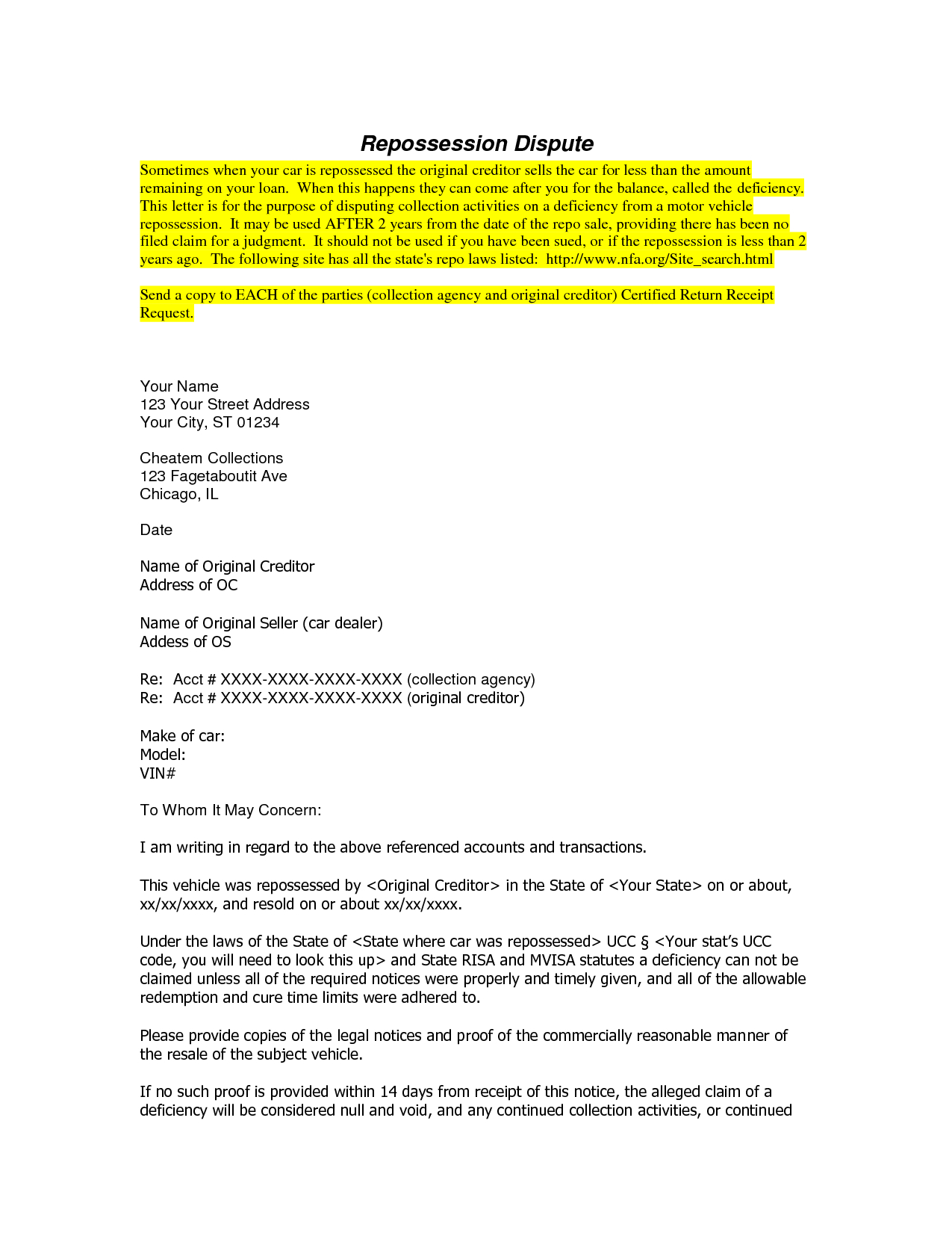 Repossession Dispute Letter Template Collection Letter Template