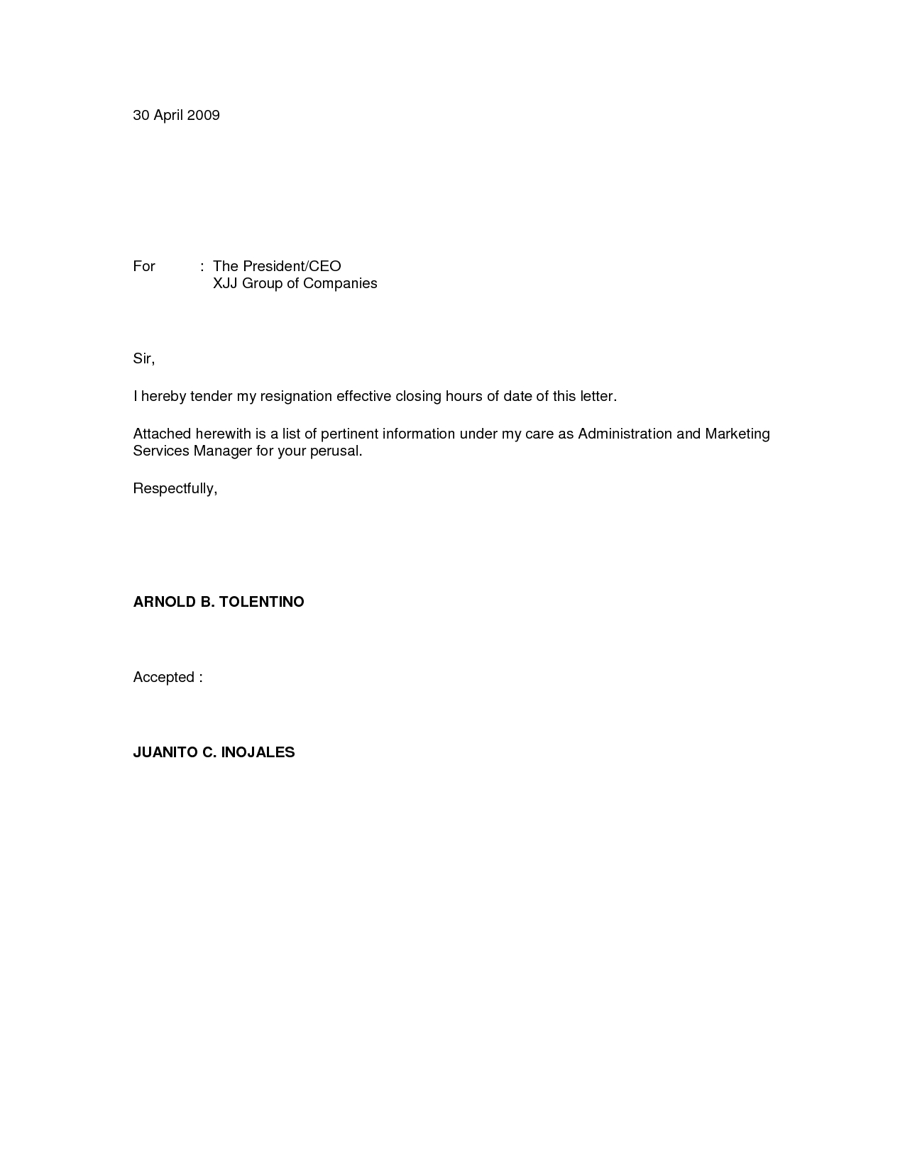 Free Sample Letter Of Resignation Template