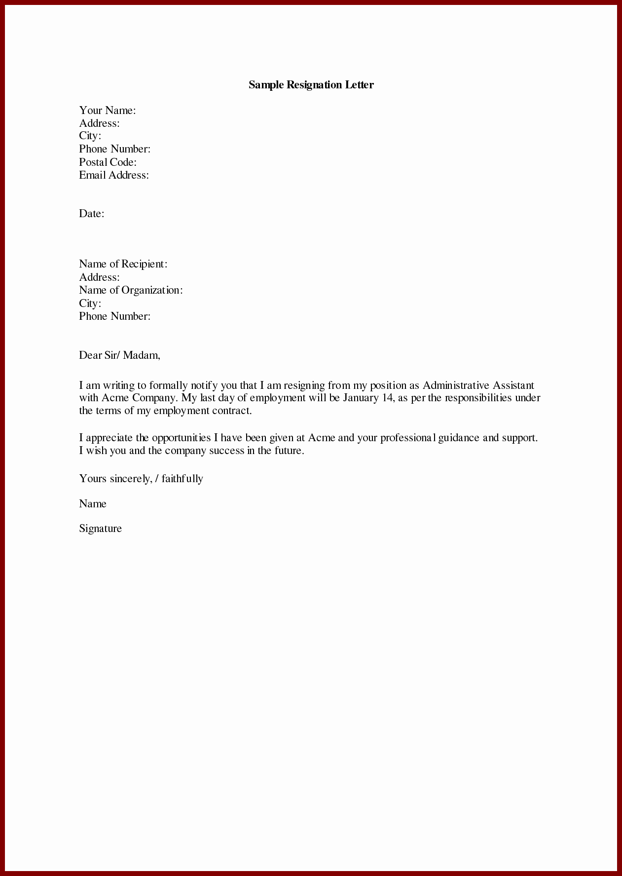Free Resignation Letter Template Microsoft Word Download Examples