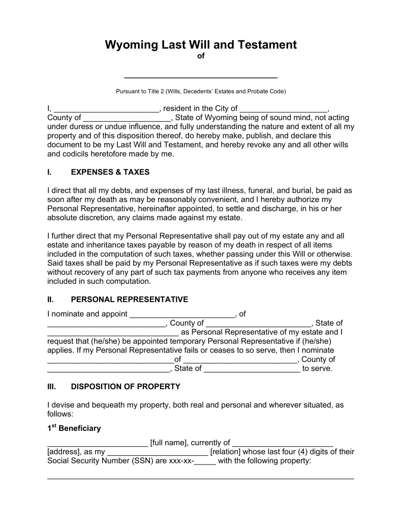 Executor Of Estate Letter Template - Free Wyoming Last Will and Testament Template Pdf Word