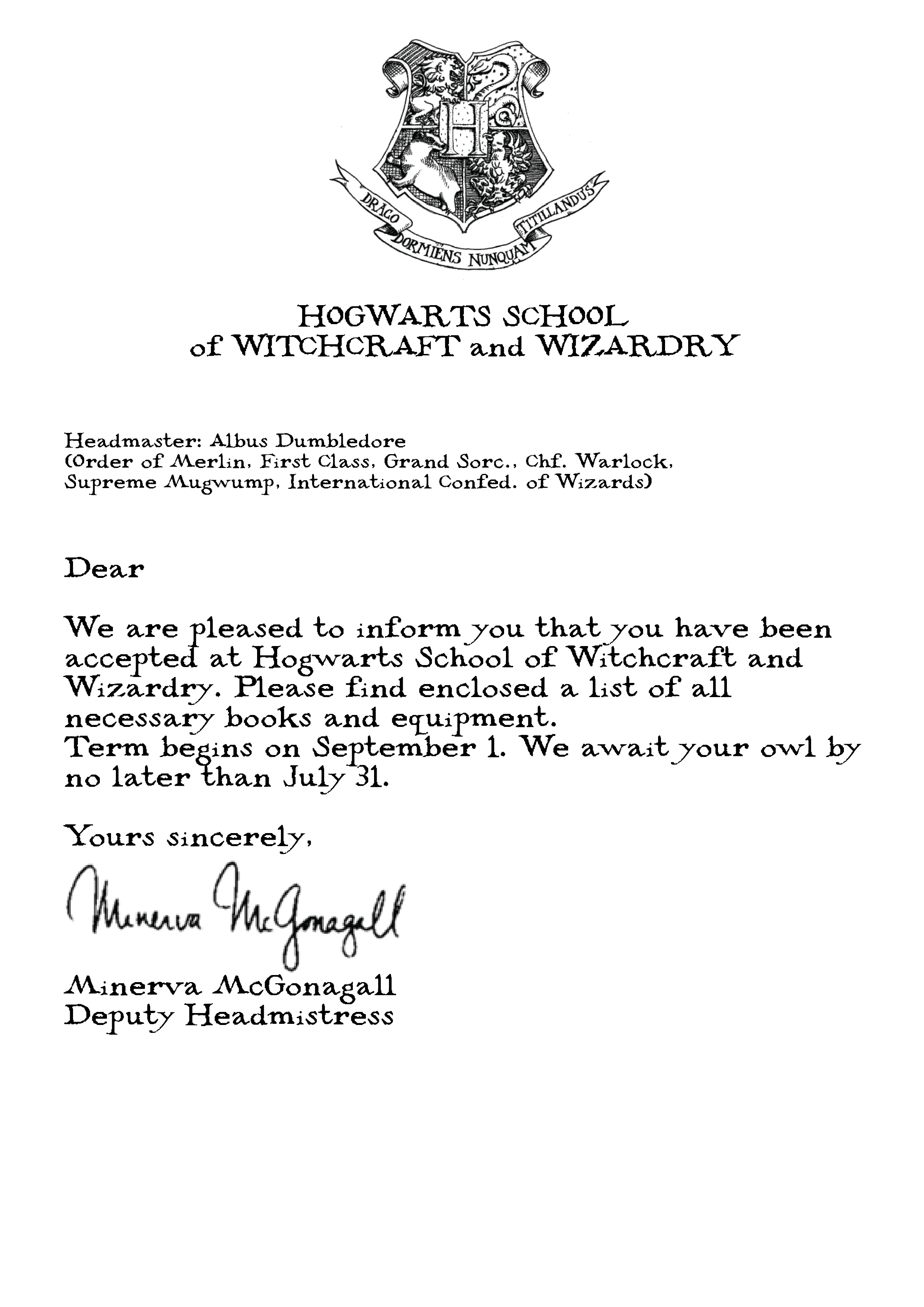 Harry Potter Letter Template - Harry Potter Hogwarts Acceptance Letter Pinterest