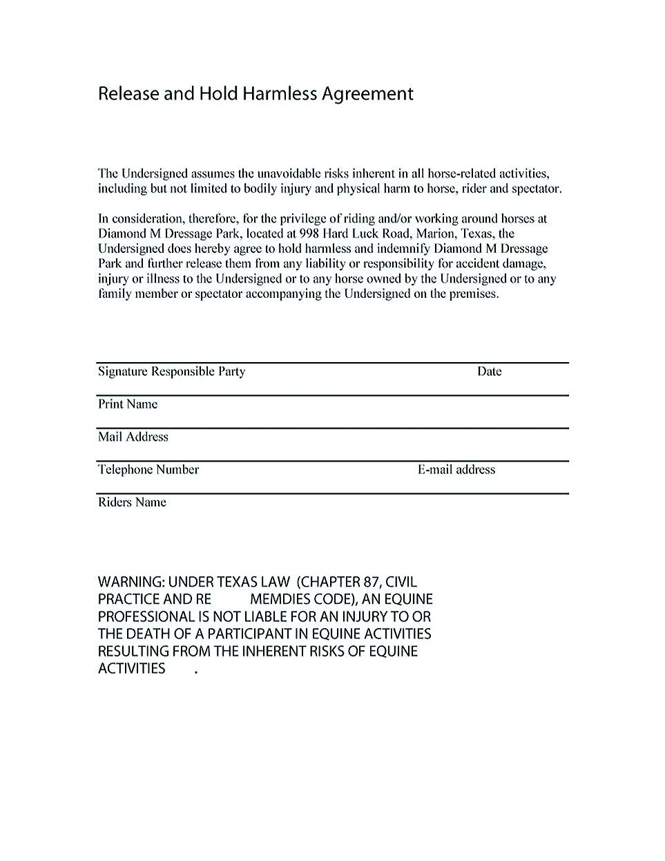 Hold Harmless Letter Template - Hold Harmless Agreement Florida Gallery Agreement Letter Sample format