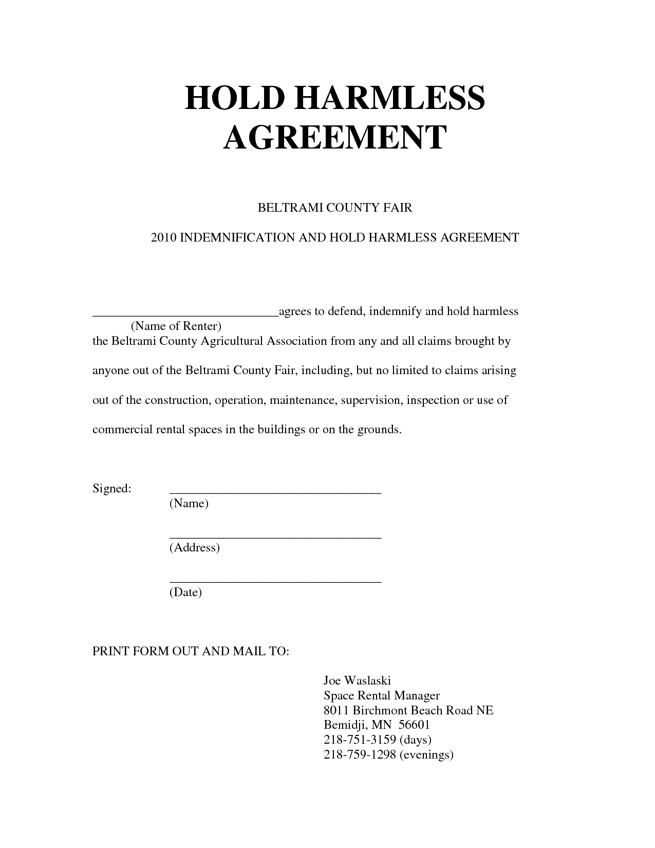 Free Hold Harmless Letter Template - Hold Harmless Agreement form