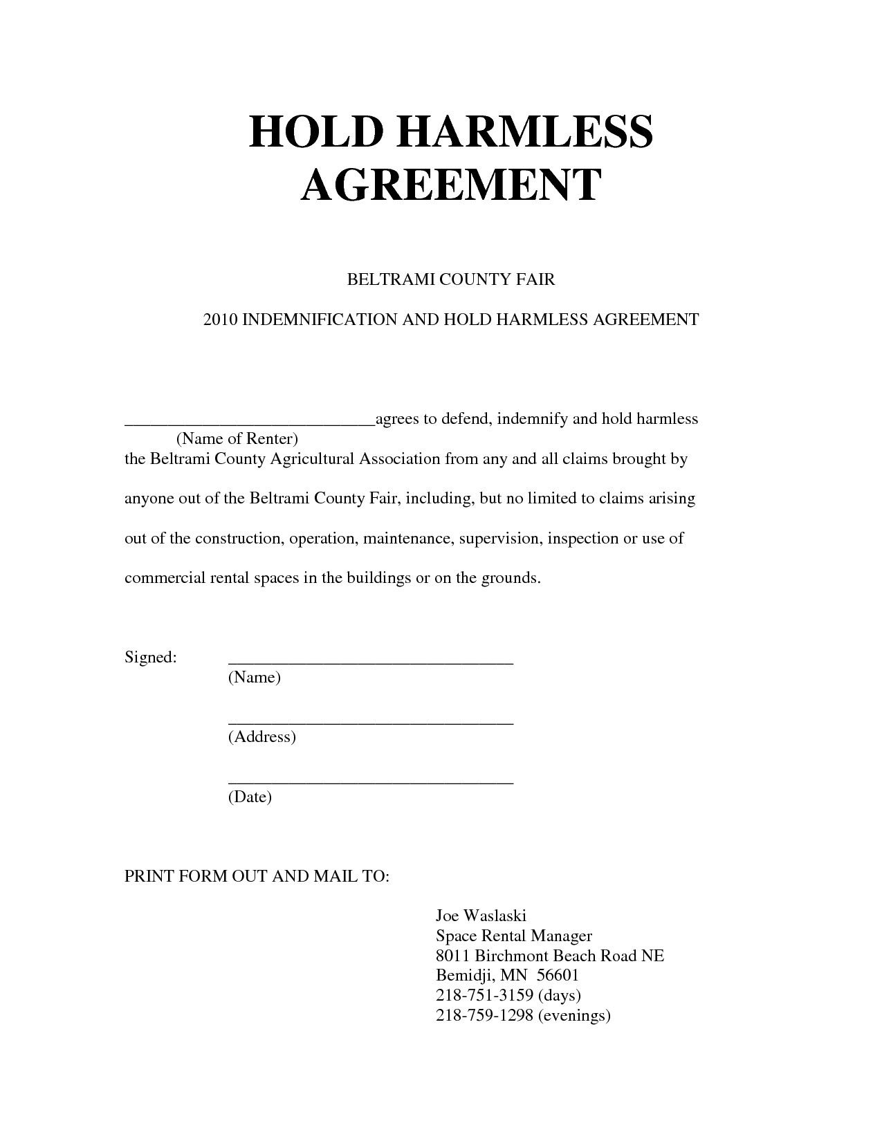 Hold Harmless Letter Template - Hold Harmless Agreement form