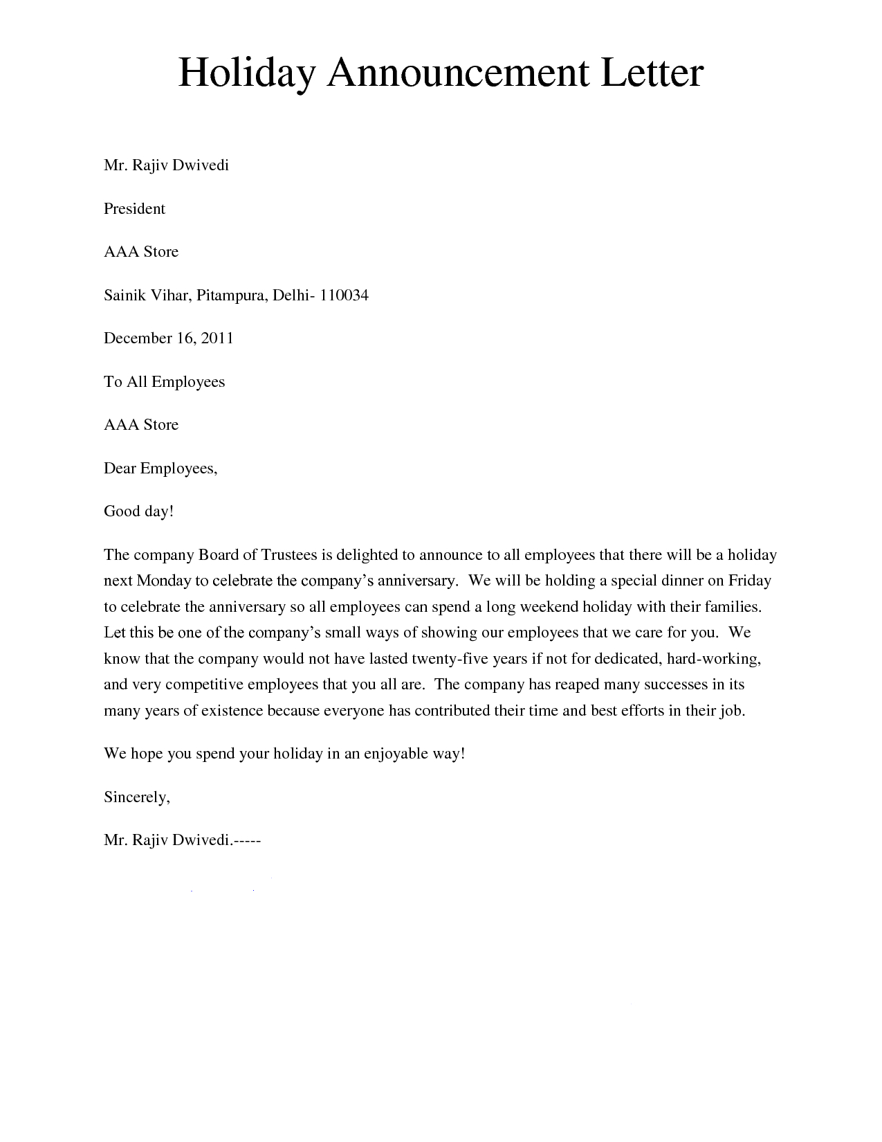 Free Holiday Letter Template - Holiday Announcement Letter Giving A Letter to Inform About the