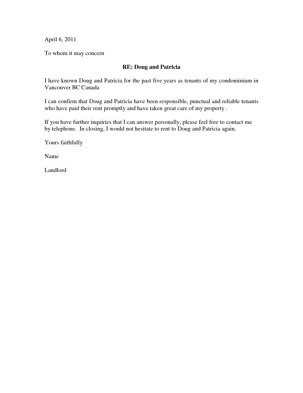 Rental Reference Letter Template - Housing Reference Letter Letter format formal Sample