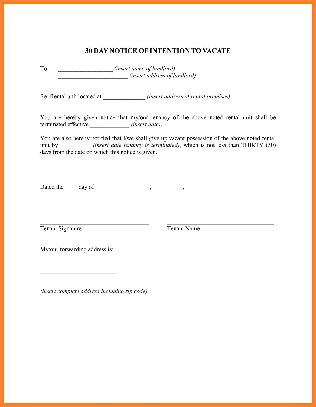 30 Day Notice To Vacate Letter To Tenant Template Examples Letter