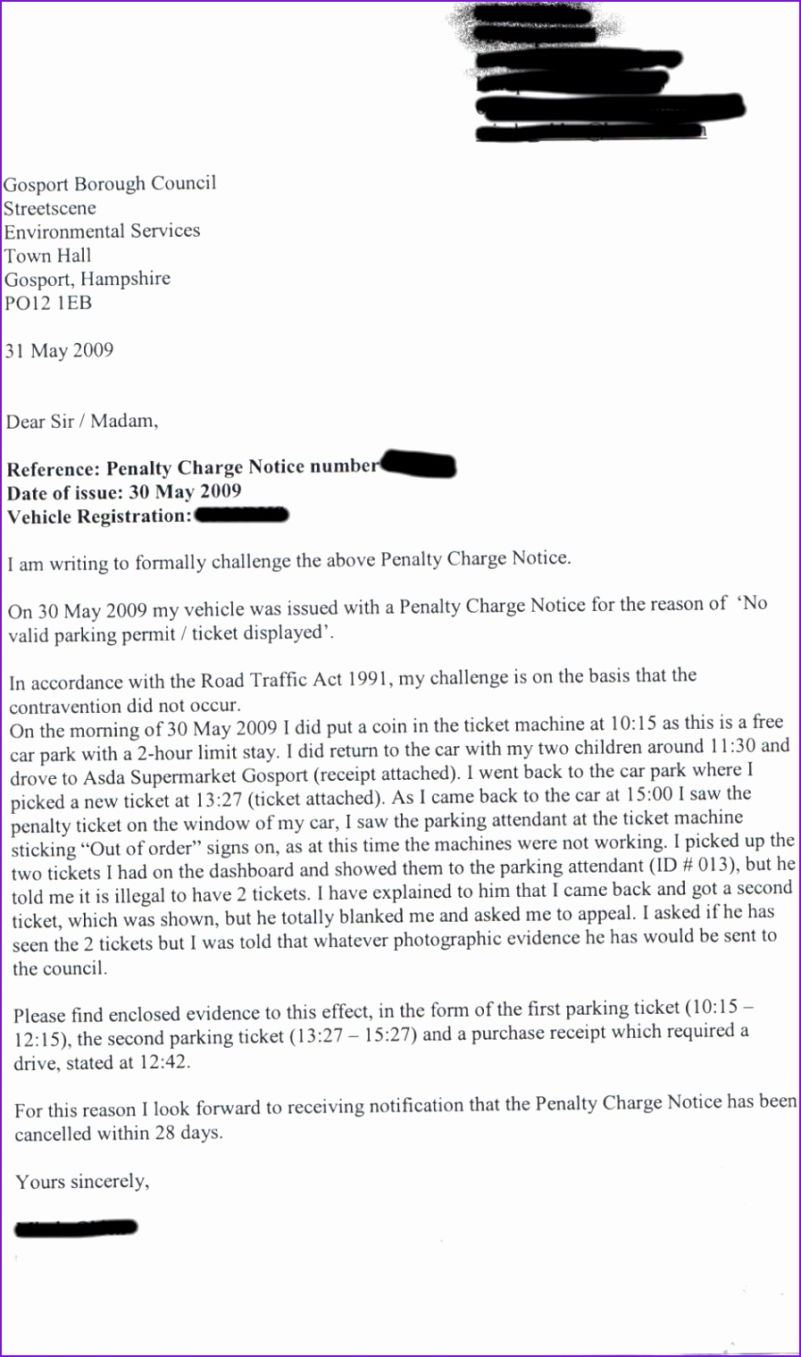 sample letter fight unfair parking tickets