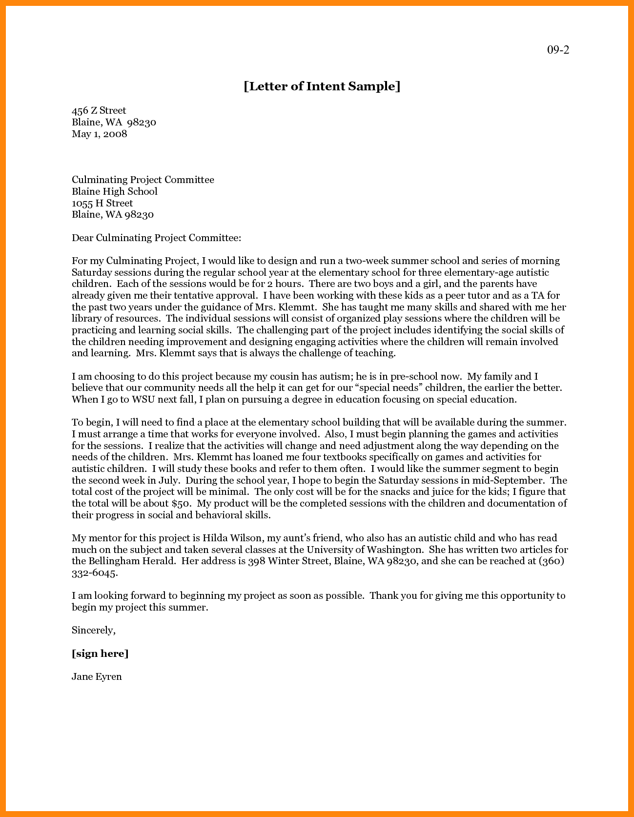 Special Needs Letter Of Intent Template Collection - Letter Template ...