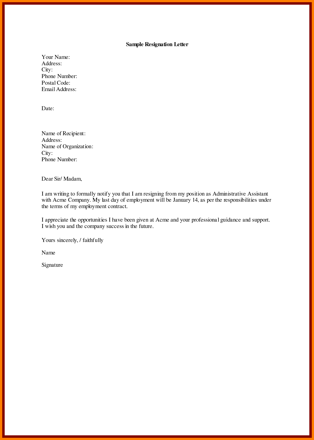 sample resignation letter